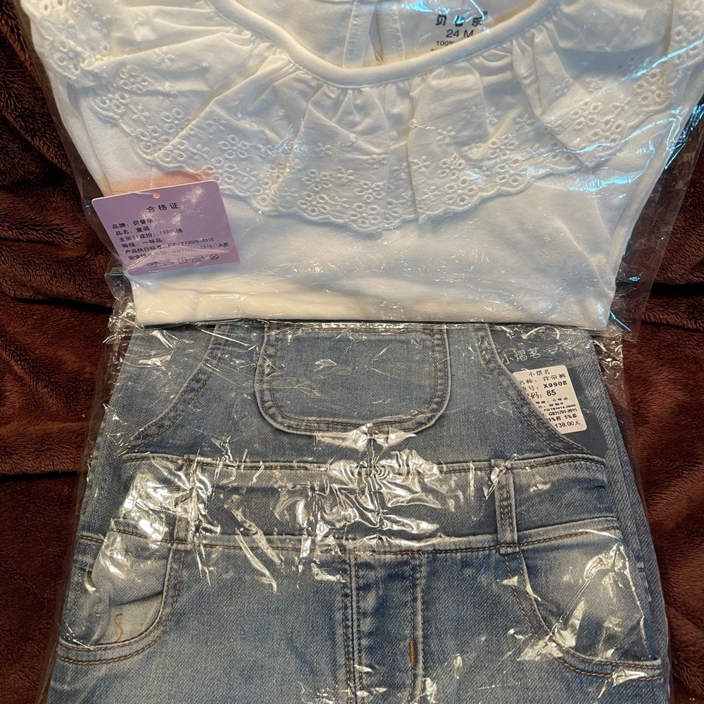 White cotton lace top and Jean overalls